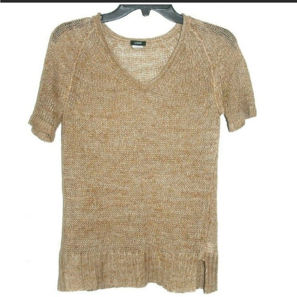 J Crew Linen Open Knit Short Sleeve Sweater Top Tee V Neck XS in Camel Tan - Picture 1 of 2